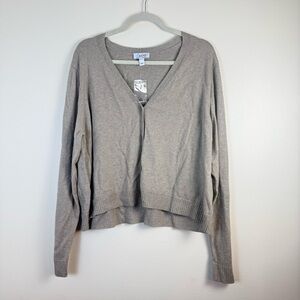 D & Co Women Cardigan Sweater VNeck Biege sz XL Stretch Ribbed Boho Indie Button